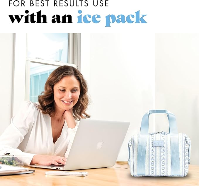 Fit & Fresh Neoprene Lunch Bag For Women, Insulated Womens Lunch Bag For Work, Tear & Stain Resistant Large Lunch Box For Women With Containers and Ice, Machine Washable Remi Bag, Blue Wallpaper Bows