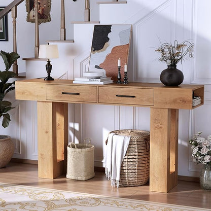 63" Console Table for Entryway, Farmhouse Sofa Tables with Drawers and Outlet, Narrow Long Accent Table for Entrance Hallway Living Room, Natural