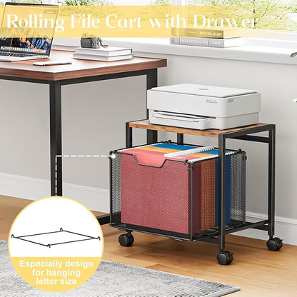 JKsmart Printer Stand with Sliding Drawer, Under Desk File Cabinet with Caster Wheels,Rolling File Cart, 2 Tier Industrial Storage Shelf, Sofa Side Table Organizer for Home, Office, Brown