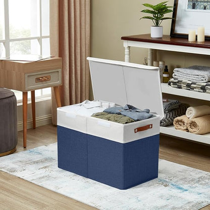 Large Toy Storage Box with Lids, Collapsible Sturdy Baby Storage Organizer Chest Bin Basket for Kids, Boys, Girls, Playroom, Nursery, Bedroom, Closet 25"x13"x16" (Navy Blue and White)