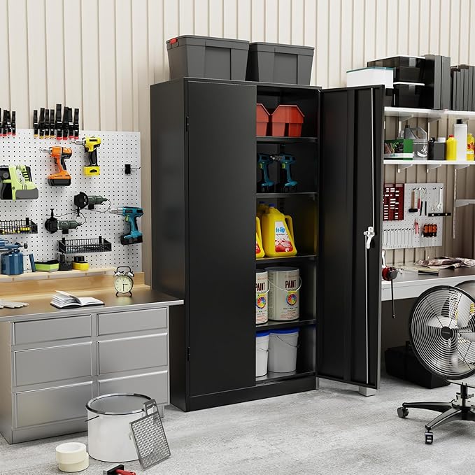 Metal Garage Storage Cabinet, 72” Lockable File Cabinets with 2 Doors and 4 Adjustable Shelves, Steel Tool Cabinets with Lock for Office, Home, Gym, Black