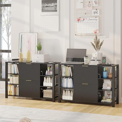 File Cabinet for Home Office, Fluted Filing Cabinet with Charging Station, 2 Drawers Fit Letter/Legal/A4 with Tabs, Printer Stand with Lock & 2 Power Outlets, 6 Shelves (1, Black)