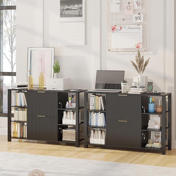 File Cabinet for Home Office, Fluted Filing Cabinet with Charging Station, 2 Drawers Fit Letter/Legal/A4 with Tabs, Printer Stand with Lock & 2 Power Outlets, 6 Shelves (2, Black)