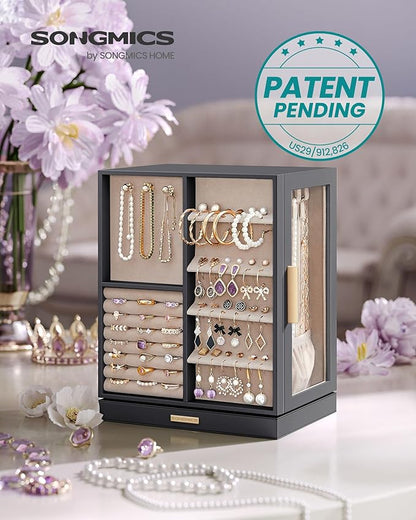 SONGMICS Jewelry Box 360° Rotating, Jewelry Storage Case with 5 Drawers, Jewelry Organizer, Glass Window, Spacious, Vertical Jewelry Storage, Open Design, Great Gift, Slate Gray UJBC170G01