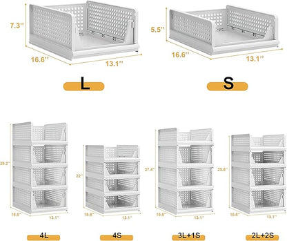 Proarea 4 Pack Stackable Plastic Storage Basket Closet Organizer Bin Foldable Clothes Organizer Storage Drawer Shelf Container for Living Room Bathroom Kitchen Office (2L+2S)