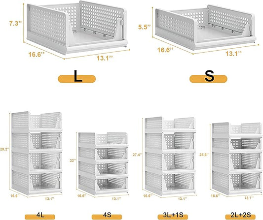Proarea Stackable Plastic Storage Basket Closet Organizer Bin Foldable Clothes Organizer Storage Drawer Shelf Container for Living Room Bathroom Kitchen Office Laundry Room
