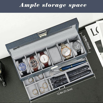ProCase Watch Box, 6 Slot Watches Display Case with Drawer, Mens Watch Case with Glass Lid, 2-Layer Mens Jewelry Organizer Storage Holder, Birthday Valentine Gifts for Men -6 Slot, CrocCobaltBlue