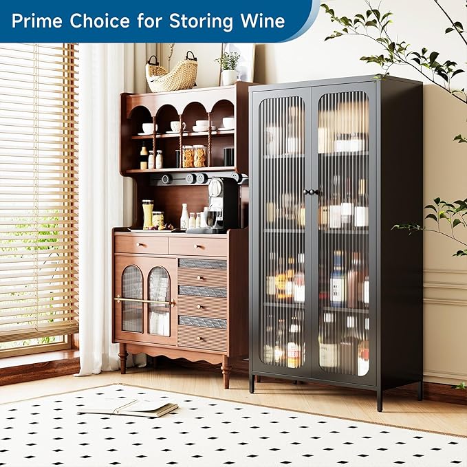 63'' Kitchen Pantry Storage Cabinet, Display Cabinet with Glass Doors and 3 Adjustable Shelves, Metal Kitchen Hutch Storage Cabinet for Dining Room, Living Room (Black)
