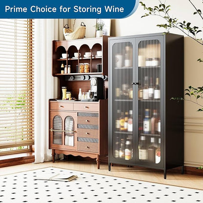 63'' Kitchen Pantry Storage Cabinet, Display Cabinet with Glass Doors and 3 Adjustable Shelves, Metal Kitchen Hutch Storage Cabinet for Dining Room, Living Room (Black)