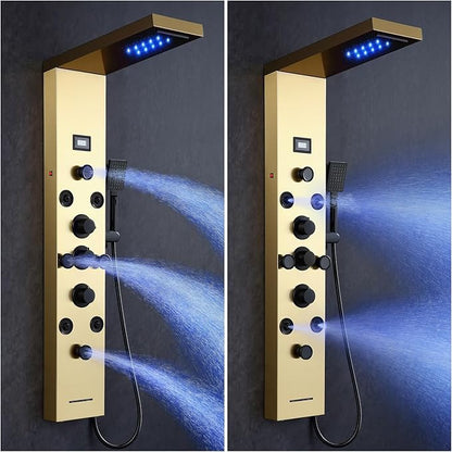 POPFLY LED Rainfall Waterfall Shower Panel Tower System, 4 Body Jets and 4 Mist Spray, 3-Function Handheld Shower, Stainless Steel Shower Tower with Temp Display, Brushed Gold
