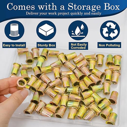 70Pcs M8 Rivet Nuts, Metric Zinc Plated Finish Carbon Steel Flat Head Threaded Insert Nutsert Kit