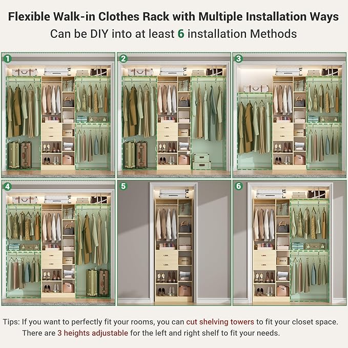 Upgraded 96 Closet System with 18 Storage Place, 8FT Closet Organizers System with 13 Shelves and 2 Wooden Drawers, 96'' Walk-in Closet with 4 Hanging Rods, Adjustable Garment Rack, Natural