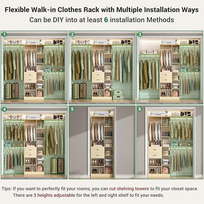 Upgraded 96 Closet System with 18 Storage Place, 8FT Closet Organizers System with 13 Shelves and 2 Wooden Drawers, 96'' Walk-in Closet with 4 Hanging Rods, Adjustable Garment Rack, Natural