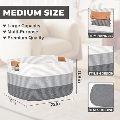 danpinera Blanket Basket, 72L Rectangle Large Basket for Living Room, Baby Room & Laundry, Woven Cotton Rope Toy Bin Baby Nursery Room Storage, 22’’*17’’*11.8’’, Gradient Grey