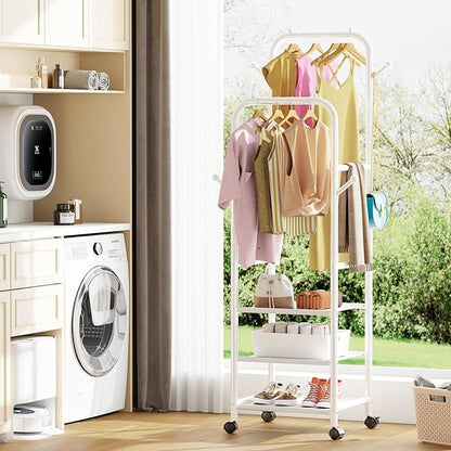 Furologee Portable Clothes Rack for Hanging Clothes, Rolling Clothing Rack With 3-Tier Shelves, Small Garment Rack with Wheels for Bedroom Living Room Laundry Room, White