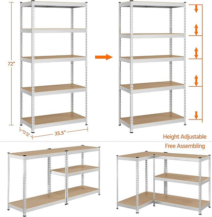 Topeakmart 5-Tier Utility Shelves, Metal Storage Shelves Garage Shelving Unit Adjustable Garage Storage Shelves Storage Racks Heavy Duty Shed Shelving- Silver, 35.5 x 17.5 x 72 Inch