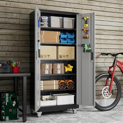 71" H Metal Garage Storage Cabinet with Wheels，Steel Storage Cabinet with Door,5 Adjustable Shelves and Pegboard for Garage Home,Required Assembly,Black &Dark Grey