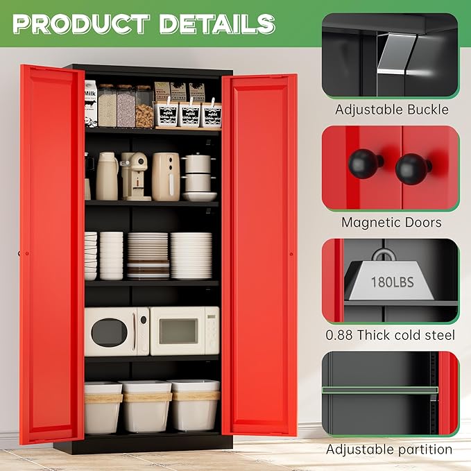 INTERGREAT Metal Storage Cabinet with Magnetic Doors, 63" H Traditional European Style Metal Cabinets with 2 Doors and 4 Adjustable Shelves for Home Office, Kitchen, Bathroom (Black Red)
