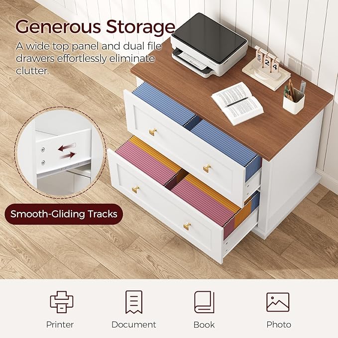2 Drawers Lateral File Cabinet, Farmhouse Wooden Filing Cabinet, Printer Stand for Home Office, Office Storage Cabinet for A4/Letter-Size Hanging Files,White and Walnut FCBA8001