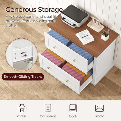 2 Drawers Lateral File Cabinet, Farmhouse Wooden Filing Cabinet, Printer Stand for Home Office, Office Storage Cabinet for A4/Letter-Size Hanging Files,White and Walnut FCBA8001