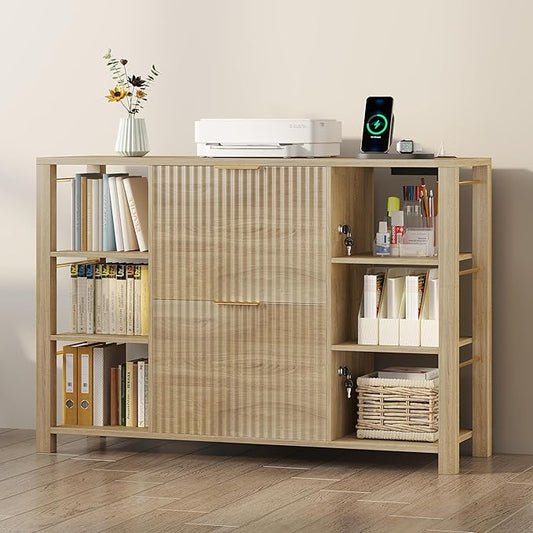 File Cabinet for Home Office, Fluted Filing Cabinet with Charging Station, 2 Drawers Fit Letter/Legal/A4 with Tabs, Printer Stand with Lock & 2 Power Outlets, 6 Shelves (1, Oak)