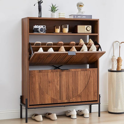 Fluted Shoe Cabinet with 2 Flip Drawers, Slim Freestanding Hidden Shoe Cabinet Organizer, Narrow Shoes Storage Rack for Entryway (All Walnut-2 Drawers, 9.45" D x 31.5" W x 41.93" H)