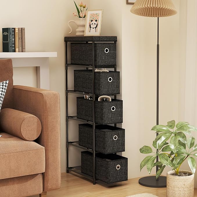 Giantex Dresser with 5 Drawers, Slim Fabric Storage Tower with Metal Frame, Wood Top & Easy Pull Handles, Space-Saving Chest of Drawers for Living Room, Office, Closet, Hallway & Entryway, Black