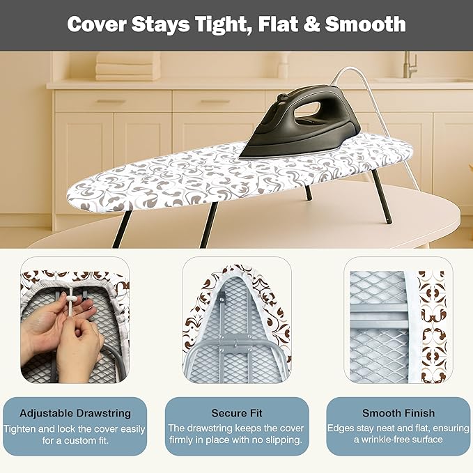 Small Ironing Board Cover and Pad 12.5"x30" Small Iron Board Cover with Padding,Tabletop Mini Ironing Board Cover and Pad Small Size, Cotton Canvas, Heat Resistant, Drawstring Taupe