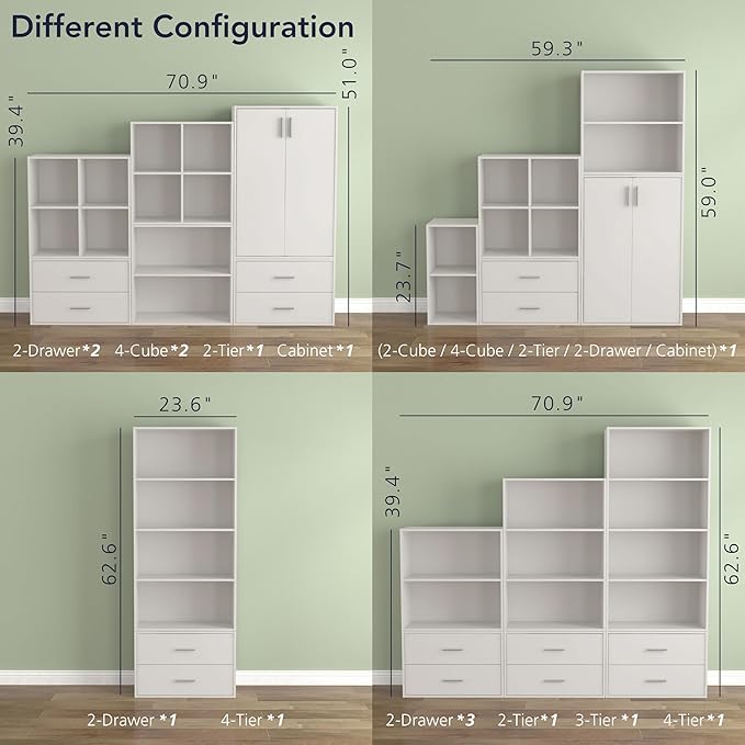 Homes: Inside + Out Apexa 6-Cube Storage Organizer Shelves, Stackable Wood Bookcase Fits Cubby Bins for Organization, Dorm Teen Room Decor & Home Office, White