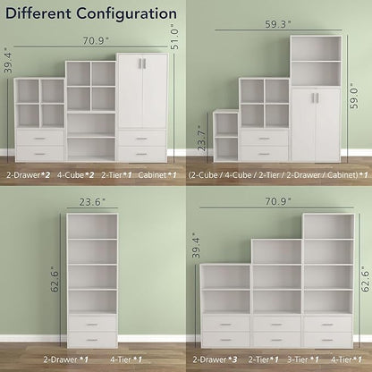 Homes: Inside + Out Apexa 4-Cube Storage Organizer Shelves, Stackable Wood Bookcase Fits Cubby Bins for Organization, Dorm Teen Room Decor & Home Office, White