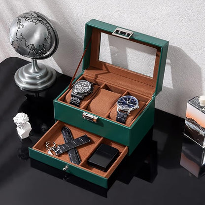 ProCase Watch Box, 3 Slot Watches Display Case with Drawer, Mens Watch Case with Glass Lid, 2-Layer Mens Jewelry Organizer Storage Holder, Birthday Valentine Gifts for Men-3 Slot, MidnightGreen