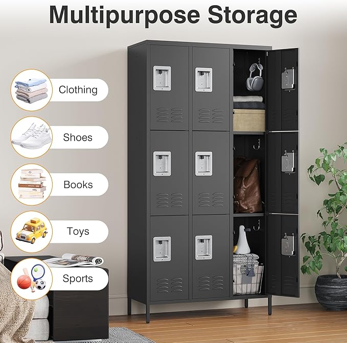 Letaya Metal Lockers for Employees-9 Door Storage Locker with Shelves and Lockable Steel Cabinet for School,Gym,Office,Staff(Black, 9 Door)