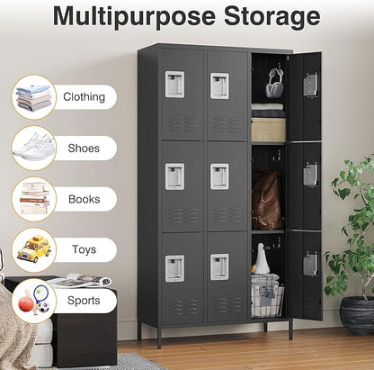 Letaya Metal Lockers for Employees-9 Door Storage Locker with Shelves and Lockable Steel Cabinet for School,Gym,Office,Staff(Black, 9 Door)