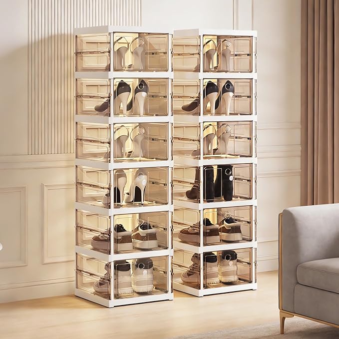 Foldable Collapsible Shoe Box Organizer Rack – 3 Tier Stackable Clear Sneaker Storage Boxes with Lids, Folding Shoe Cabinet Shelf, Plastic Portable Storage Bins with Easy Assembly for Closet Entryway