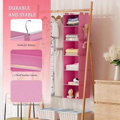 VERONLY Hanging Closet Organizer and Storage with Bamboo Support, 6-Shelf Closet Hanging Storage Shelves, Closet Organizers Easy Mount Foldable for Bedroom (Pink)