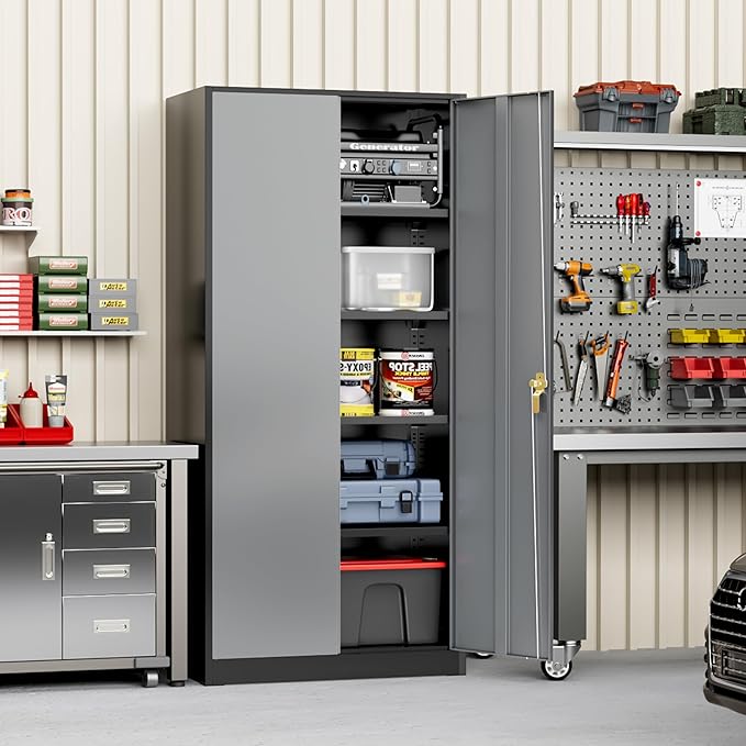 Greenvelly Metal Storage Cabinet with Doors and Shelves, 72" Inch Locking Metal Cabinet,Garage Storage Cabinet for Garage Office School Warehouse (Black Gray)