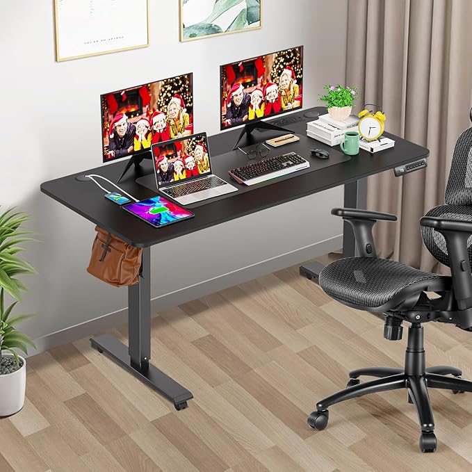 farexon 55 x 24 Electric Standing Desk Adjustable Height with Charging Station, Stand up Desk with Wheels,Outlets, Mouse Pad, Preset Heights Home Office Gaming Computer Workstations Table（Black）