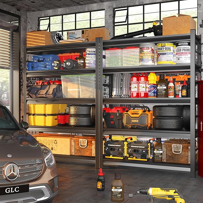 Garage Storage Shelves, 72" H Storage Shelves, Adjustable Steel Storage Rack, 5 Tier Shelving Unit, Black, Garage, Basement, Kitchen, Living Room Storage, 72" Hx35.4 Wx15.8 D