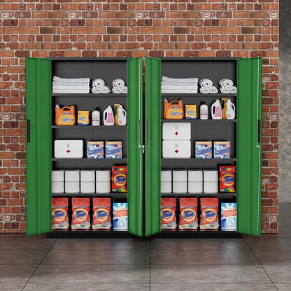 Greenvelly Metal Storage Cabinet, 72" Locking Metal Garage Storage Cabinet with Doors and 4 Adjustable Shelves, Lockable Steel Cabinet for Home Office, Garage, Shop, School (Green 32" W x 16" D)