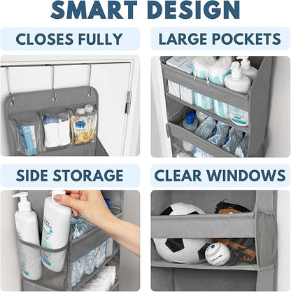 Over The Door Organizer Hanging with 5 Large & 6 Side Pockets 5 Tier Behind Door Storage 50 lbs for Closet, Nursery, Bathroom Door Organizer, 1 Pack, Grey