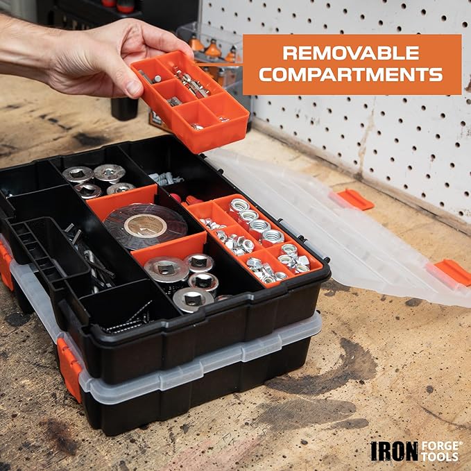 Iron Forge Tools Small Parts Tool Organizer, Service Truck, Cargo Van Shelving- Metal Wall Mount Rack & 3 Hardware Storage Bin Nuts and Bolts Boxes