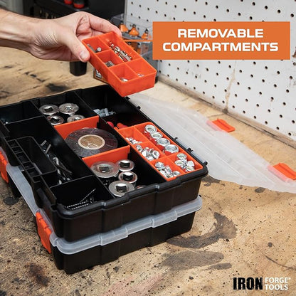 Iron Forge Tools Small Parts Tool Organizer, Service Truck, Cargo Van Shelving- Metal Wall Mount Rack & 3 Hardware Storage Bin Nuts and Bolts Boxes