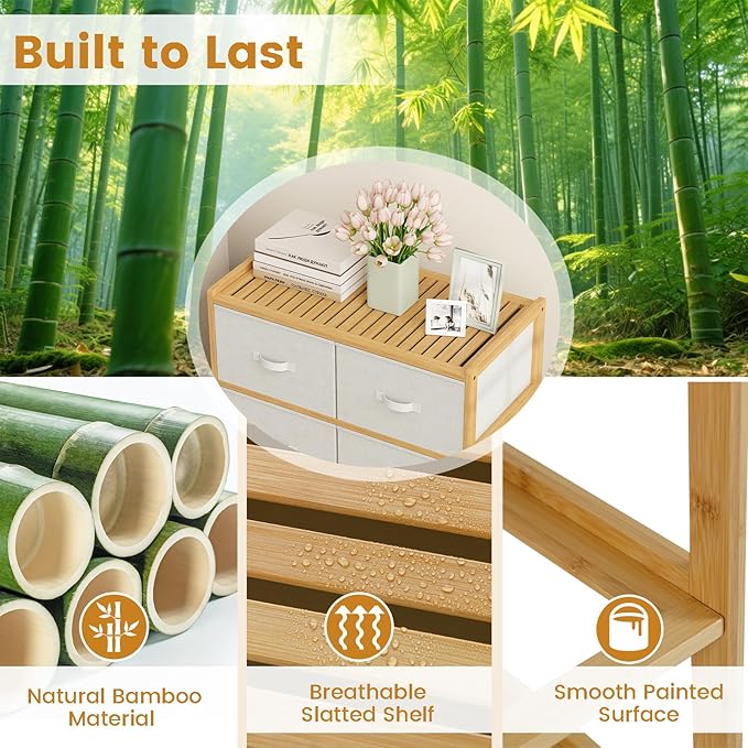 Giantex 6-Drawer Dresser for Bedroom, Bamboo Storage Tower with 6 Foldable Fabric Drawers & Top Shelf, Modern Chest of Drawers, Vertical Organizer Unit for Closet, Living Room (14" D x 26" W x 31" H)