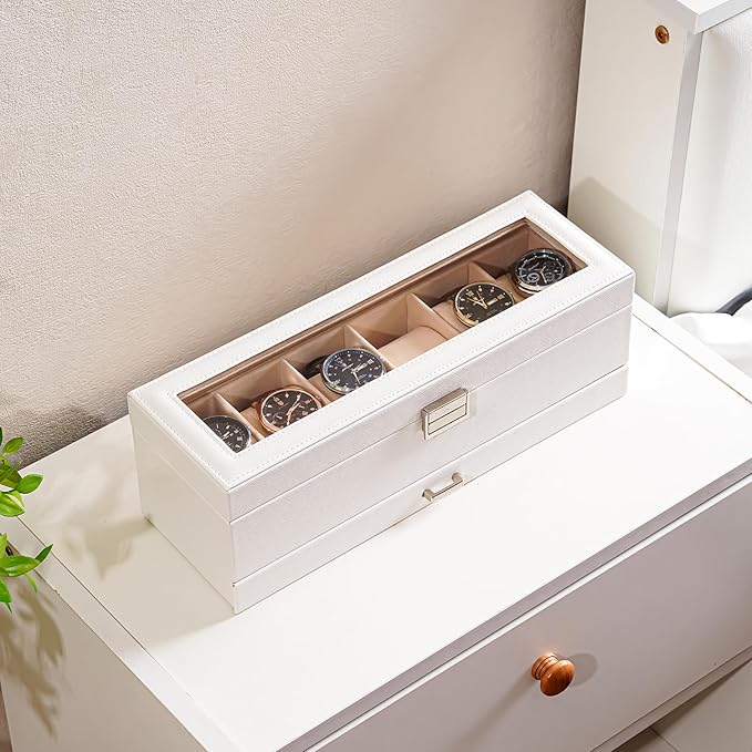 ProCase Watch Box, 6 Slot Watches Display Case with Drawer, Mens Watch Case with Glass Lid, 2-Layer Mens Jewelry Organizer Storage Holder, Birthday Valentine Gifts for Men -6 Slot, White