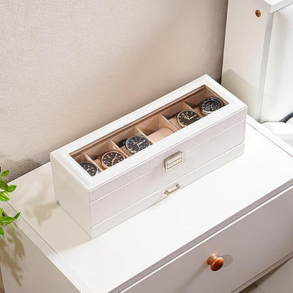 ProCase Watch Box, 6 Slot Watches Display Case with Drawer, Mens Watch Case with Glass Lid, 2-Layer Mens Jewelry Organizer Storage Holder, Birthday Valentine Gifts for Men -6 Slot, White