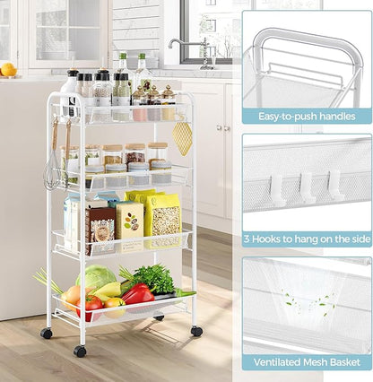 4-Tier Metal Utility Cart, Mesh Wire Rolling Cart on Wheel, Storage Trolley with Easy Assembly, Organizer Craft Cart 3 Hooks, Mobile Shelving Unit for Bathroom, Laundry Room, Home