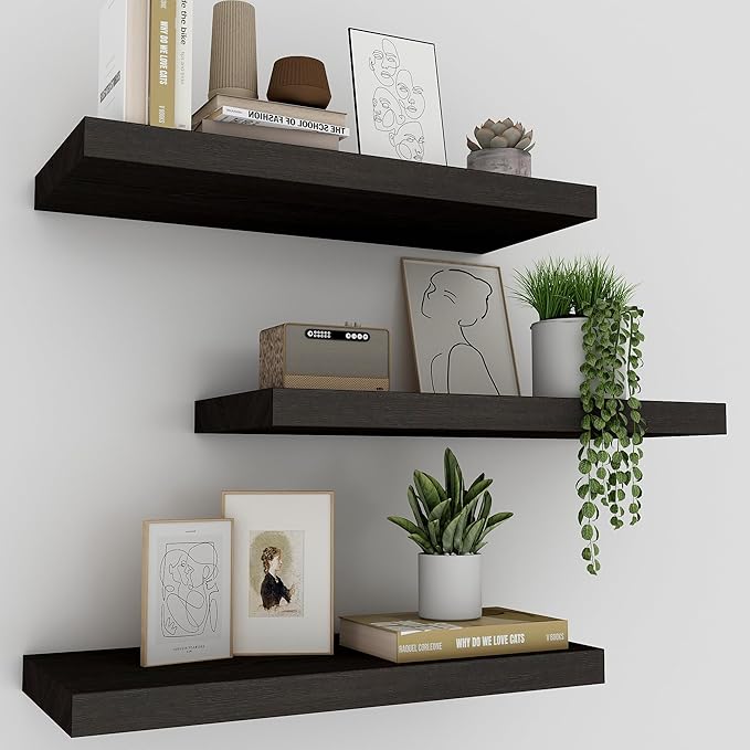 Floating Shelves for Wall Set of 3, 16" Black Wall Shelves for Home Decor, Frame Display Floating Shelf for Living Room, Bedroom, Bathroom, Kitchen