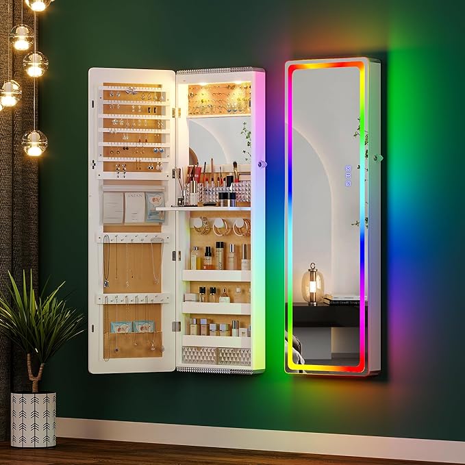HNEBC LED Mirror Jewelry Cabinet with RGB Lights,47.2" Wall Mounted Jewelry Organizer with Full-Length Mirror,Over The Door Hanging Jewelry Armoire Storage Cabinet,Folding Dresser,2 Drawers,Lockable