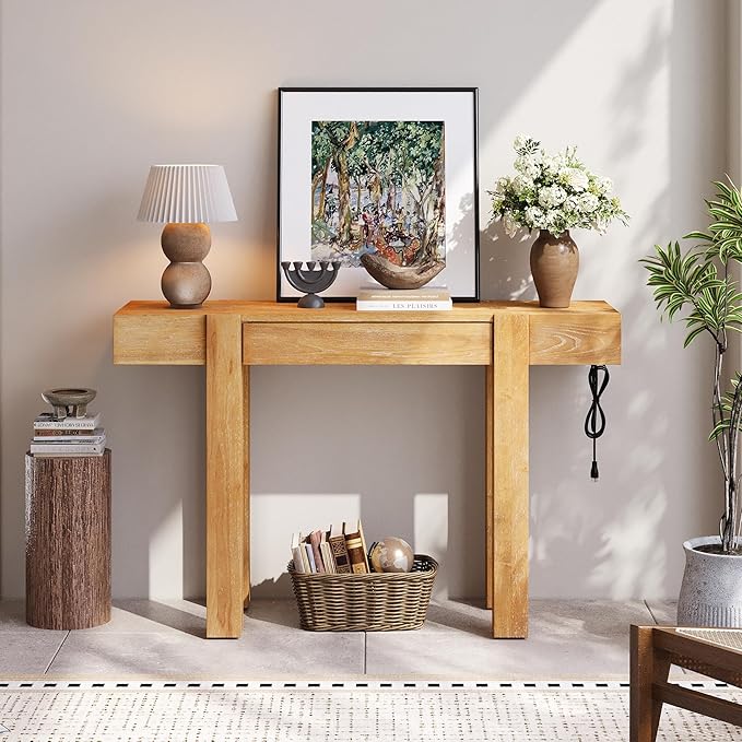 Rustic Minimalist Console Table with Hidden Drawer, Side Power Outlet,Hallway Table for Entryways Living Rooms Home Offices (Natural#USB)