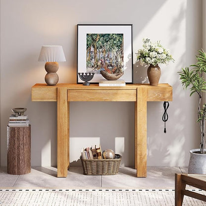 Rustic Minimalist Console Table with Hidden Drawer, Side Power Outlet,Hallway Table for Entryways Living Rooms Home Offices (Natural#USB)